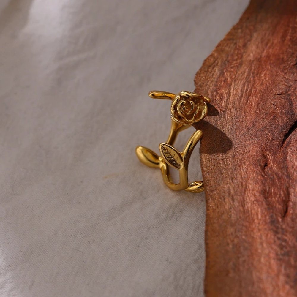 NEW 18K Gold Plated Rose Flower Leaf Resizable Ring - Picture 4 of 5